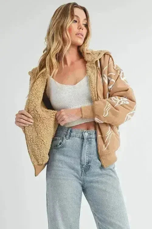 Floral Sherpa Hoodie - Zip-Up Fleece Jacket with Pockets - Femstylo