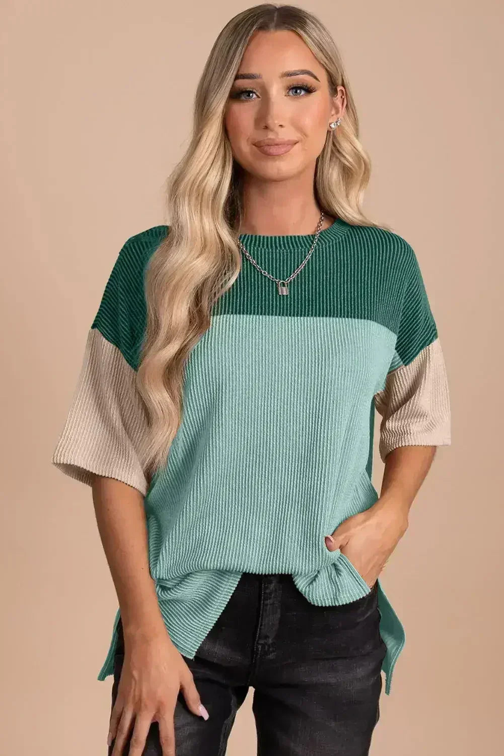 Black Color Block Ribbed Side Slits Half Sleeve Top - Femstylo