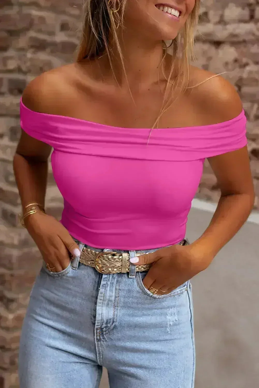 Bright Pink Folded Off Shoulder Slim Top - Femstylo