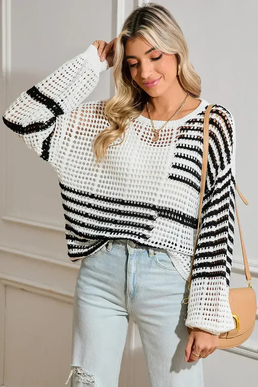White Striped Lantern Sleeve Hollow Knitted Sweater - Femstylo