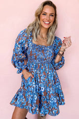 Blue Smocked Bodice High Waist Ruffled Sleeve Floral Dress