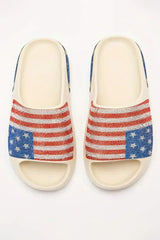 White Rhinestone American Flag Thick Sole Slides Shoes - Femstylo