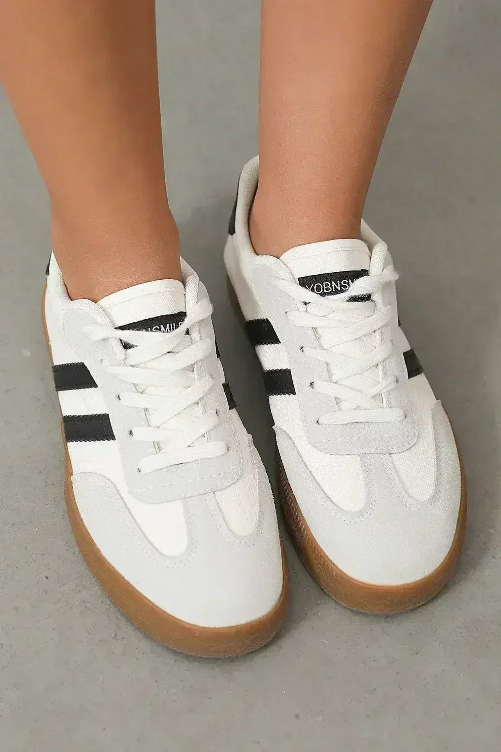 White Striped Lace Up Flat Sneakers - Femstylo