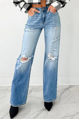 Myosotis Mid Rise Distressed Straight Leg Jeans