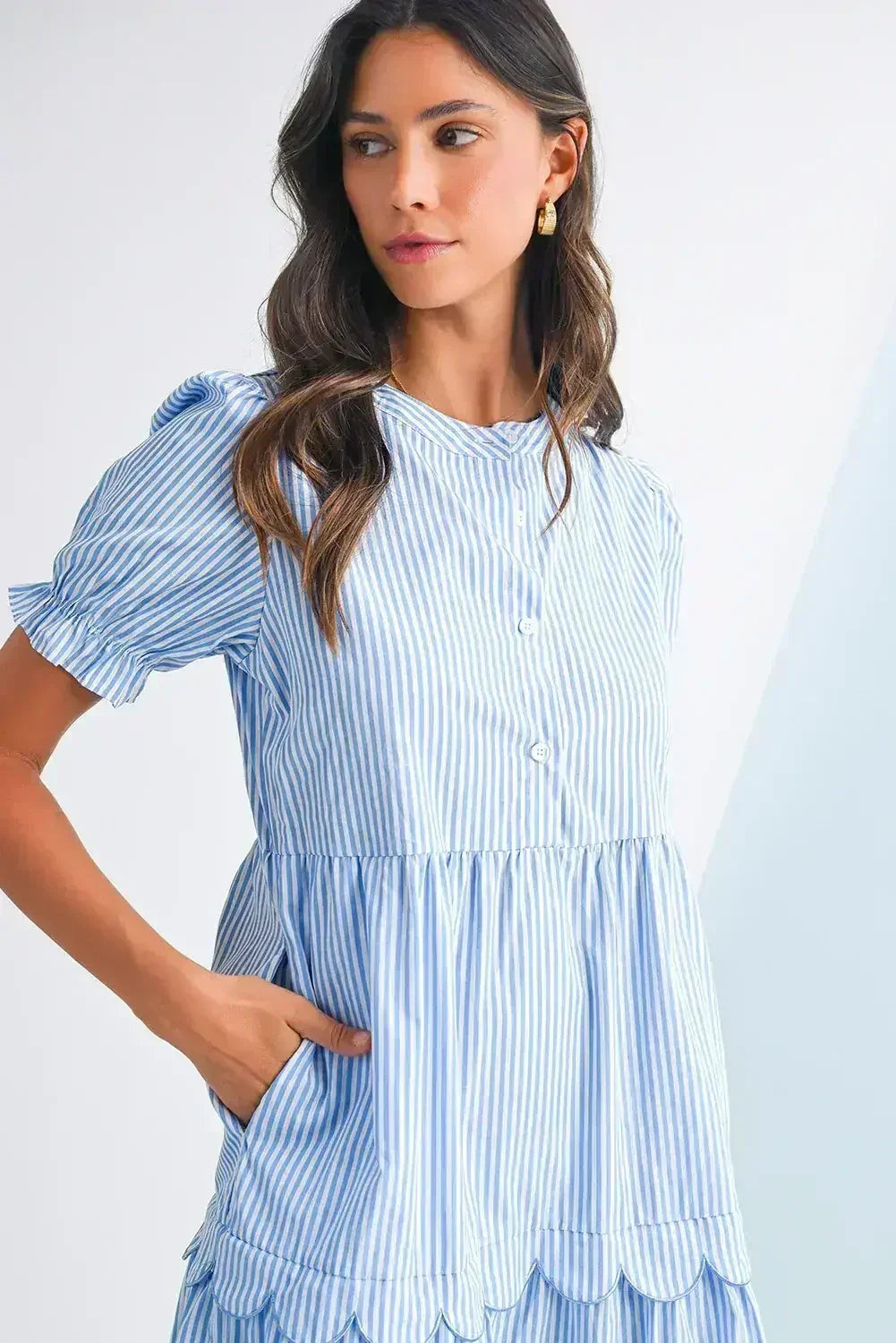 Sky Blue Stripe Bubble Sleeve Scallop Tiered Dress - Femstylo