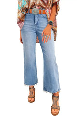 Sail Blue Mineral Wash Raw Hem High Waist Flared Jeans - Femstylo