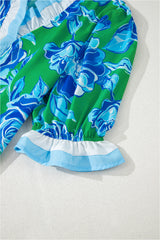 Bright Green Floral Print Ruffle Puff Sleeve Pop of Color Neckline Blouse