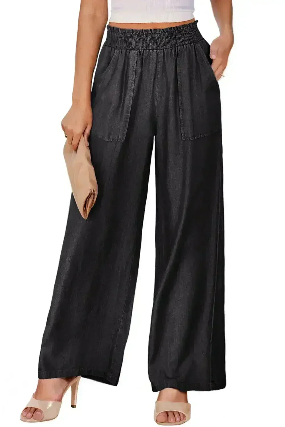 Black Side Pockets Frilled Smocked High Waist Wide Leg Jeans - Femstylo