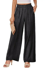 Black Side Pockets Frilled Smocked High Waist Wide Leg Jeans - Femstylo