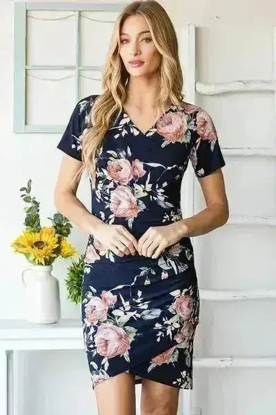 Ruched Floral Mini Dress – Vibrant Plus-Size Summer Style - Femstylo