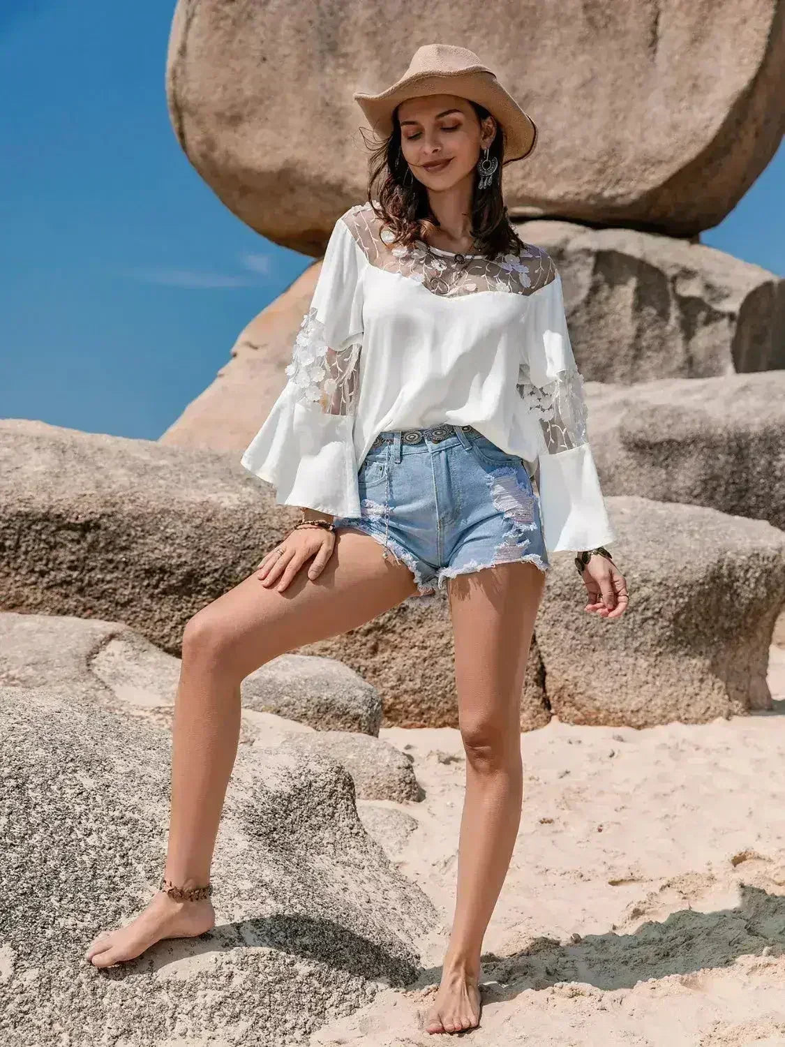 White Lace Round Neck Long Sleeve Blouse | Femstylo - Femstylo