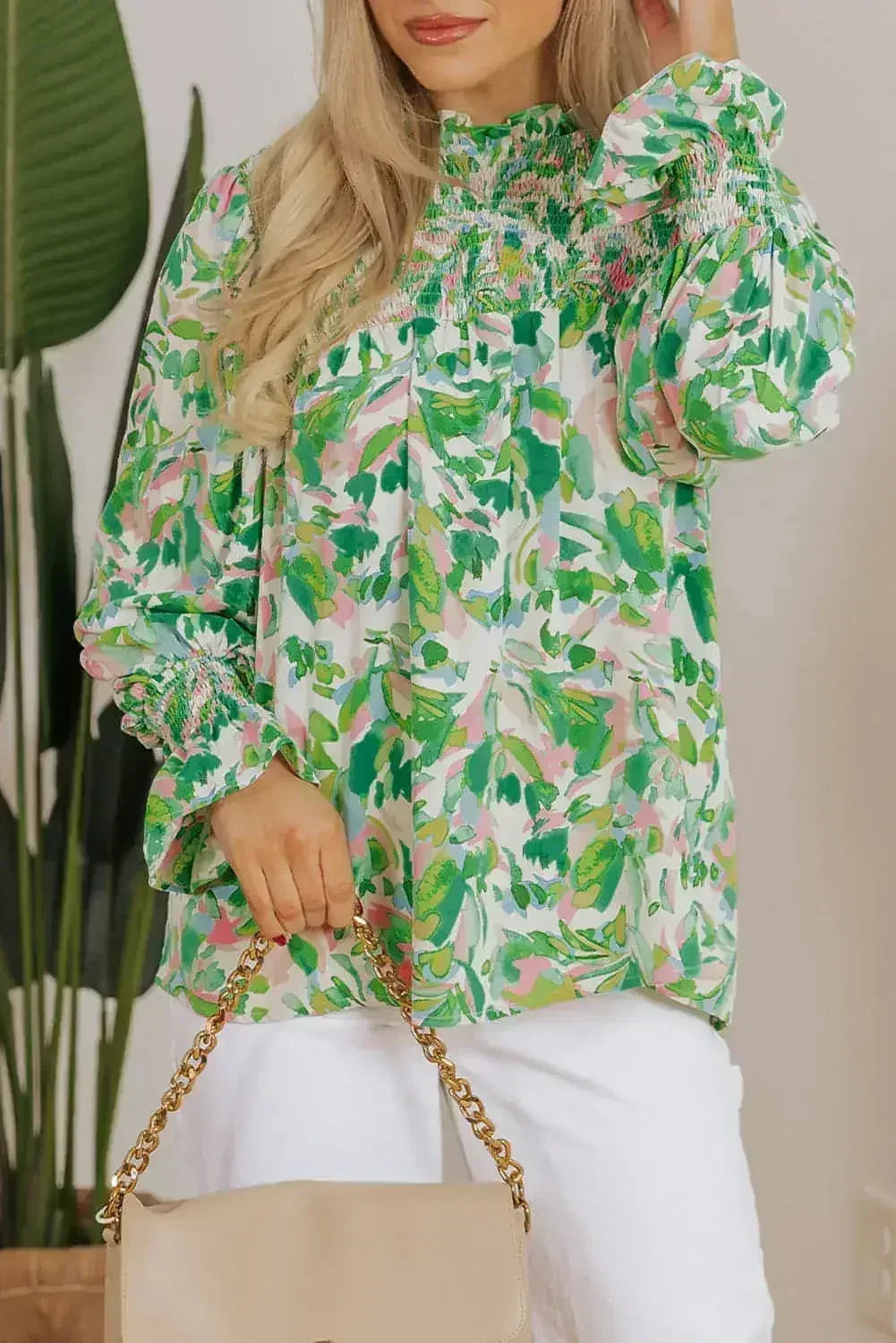 Leaf Print Flounce Sleeve Blouse - Botanical Top | Femstylo - Femstylo