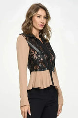 Chic Sheer Lace Peplum Blouse with Faux Leather Accents - Femstylo