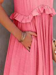 Ruffled Sleeveless Tiered Maxi Dress with Pockets - Femstylo