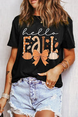 Black Hello Fall Thanksgiving Bow Pumpkin Graphic Tee