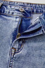 Beau Blue Pearl Studded Pocket Raw Hem Denim Shorts