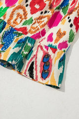 Sky Blue Abstract Print V Neck Dolman Sleeve Ruffle Tiered Mini Dress - Femstylo