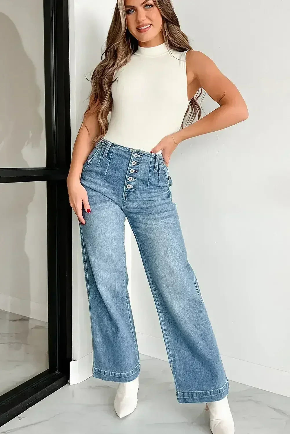 Dusk Blue Multi Button Waist Wash Straight Leg Jeans - Femstylo