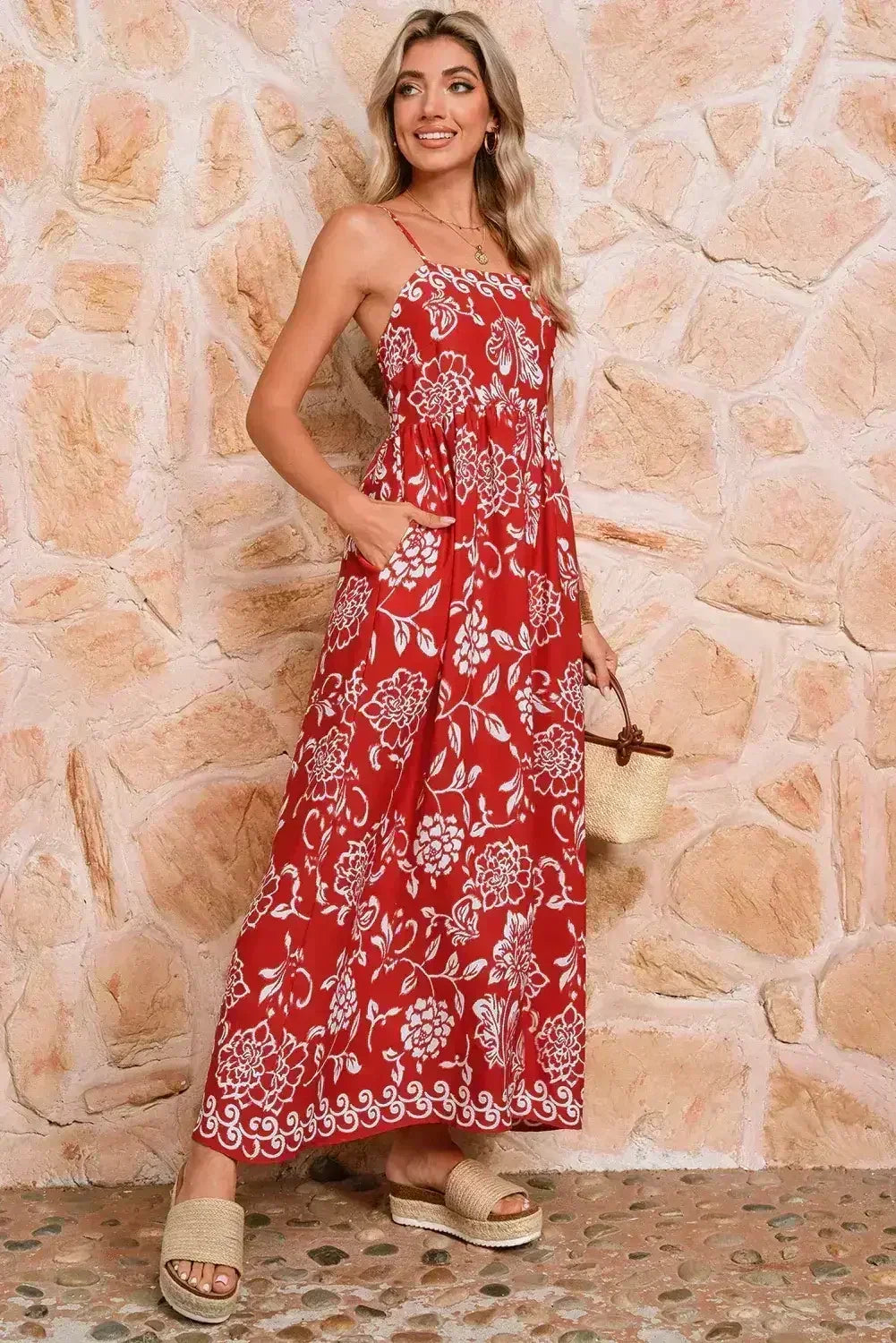 Red Floral Print Spaghetti Strap Empire Waist Maxi Dress - Femstylo