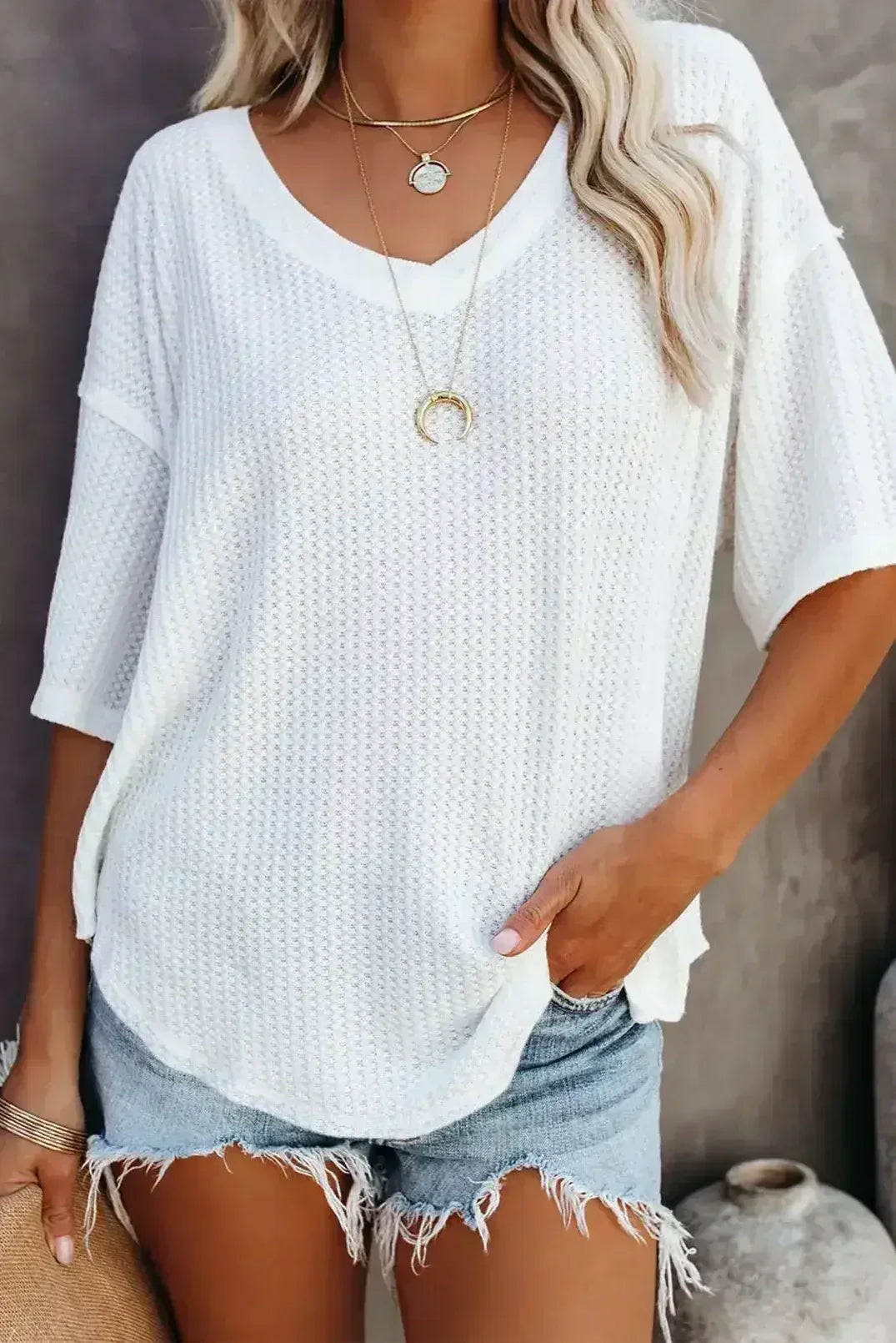 Blue Exposed Seam Drop Sleeve V Neck Waffle Textured Top - Femstylo