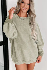 Green Ribbed Knit Sweatshirt - Round Neck Pullover | Femstylo - Femstylo