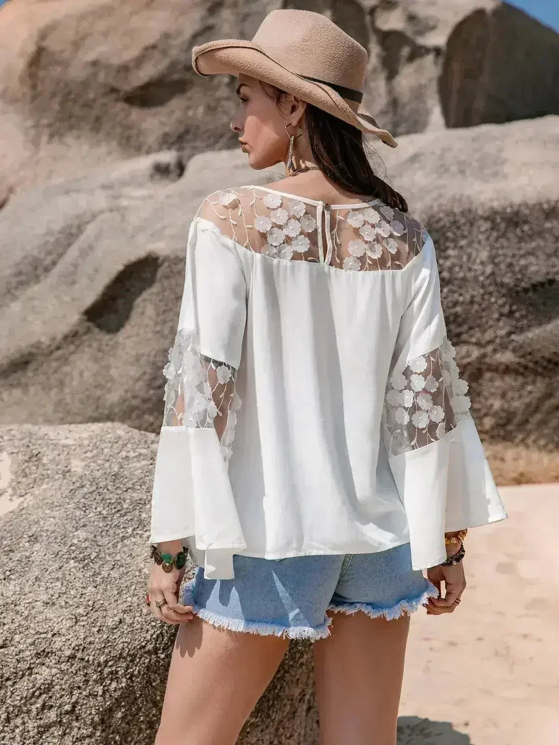 White Lace Round Neck Long Sleeve Blouse | Femstylo - Femstylo