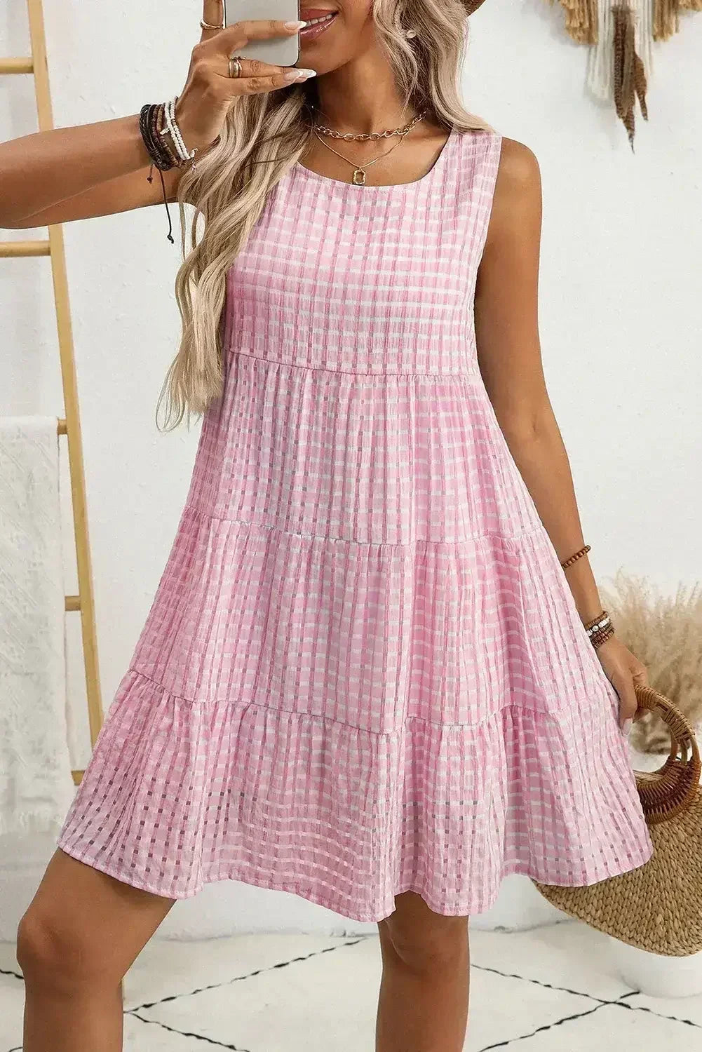 Light Blue Gingham High Waist Sleeveless Mini Dress - Femstylo