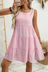Light Blue Gingham High Waist Sleeveless Mini Dress - Femstylo