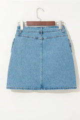 Dusk Blue Acid Washed Bowknot Details High Waist Denim Skirt - Femstylo
