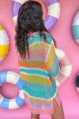 Pink Stripe Plus Size Open Knit Patch Pocket Short Sleeve Sweater - Femstylo