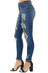 Women's Dark Blue Leopard Print Distressed Washed Skinny Jeans - Femstylo