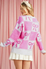 Pink Sweet Bow Two Tone Checkered Sweater - Femstylo