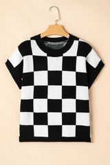 Light French Beige Checkered Knit Dolman Short Sleeve Sweater