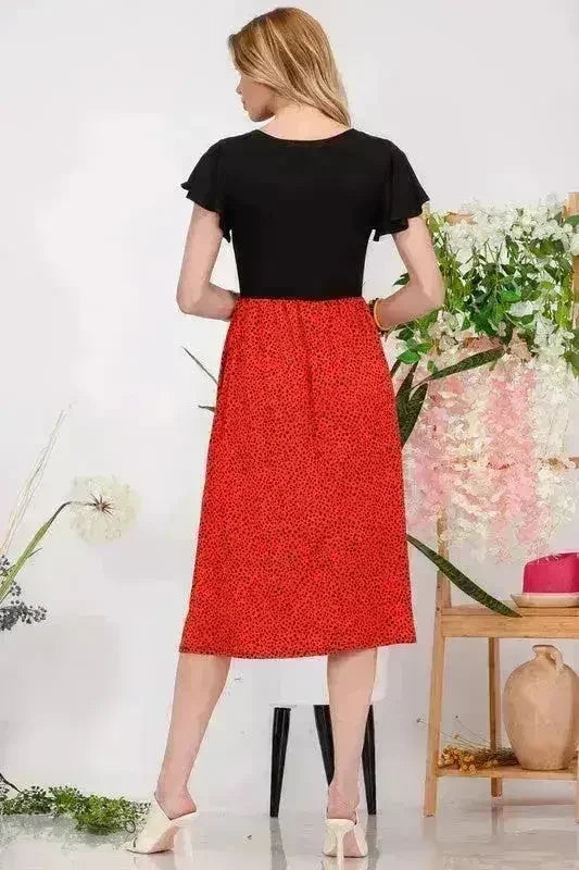 Celeste Full Size Two Tone Animal Print Flutter Sleeve Midi Dress Plus - Femstylo