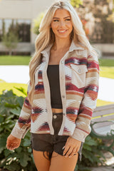 Multicolour Western Aztec Ribbed Patchwork Double Flap Pocket Raw Hem Shacket