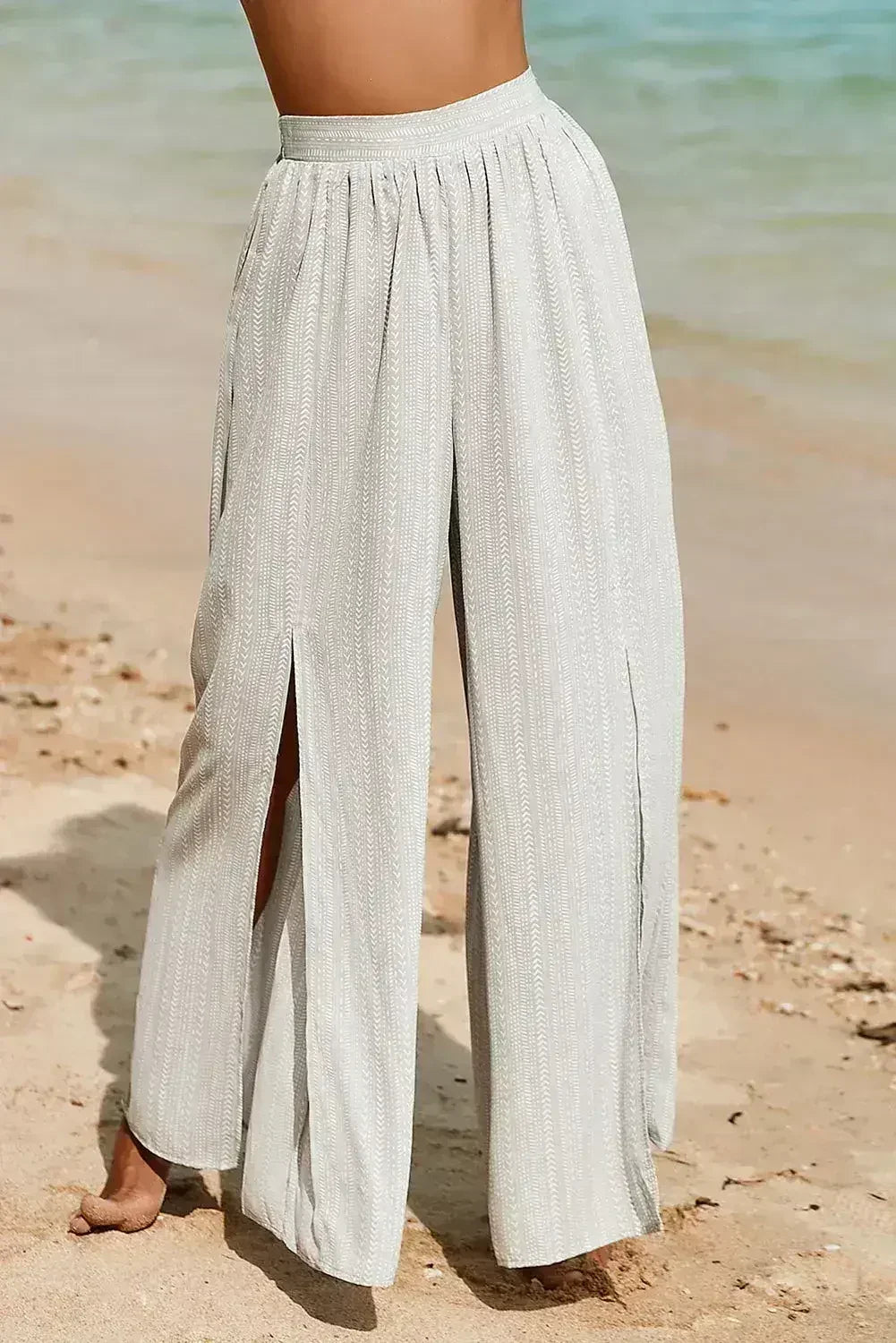 Striped Printed Slit Wide Leg High Waist Pants - Femstylo