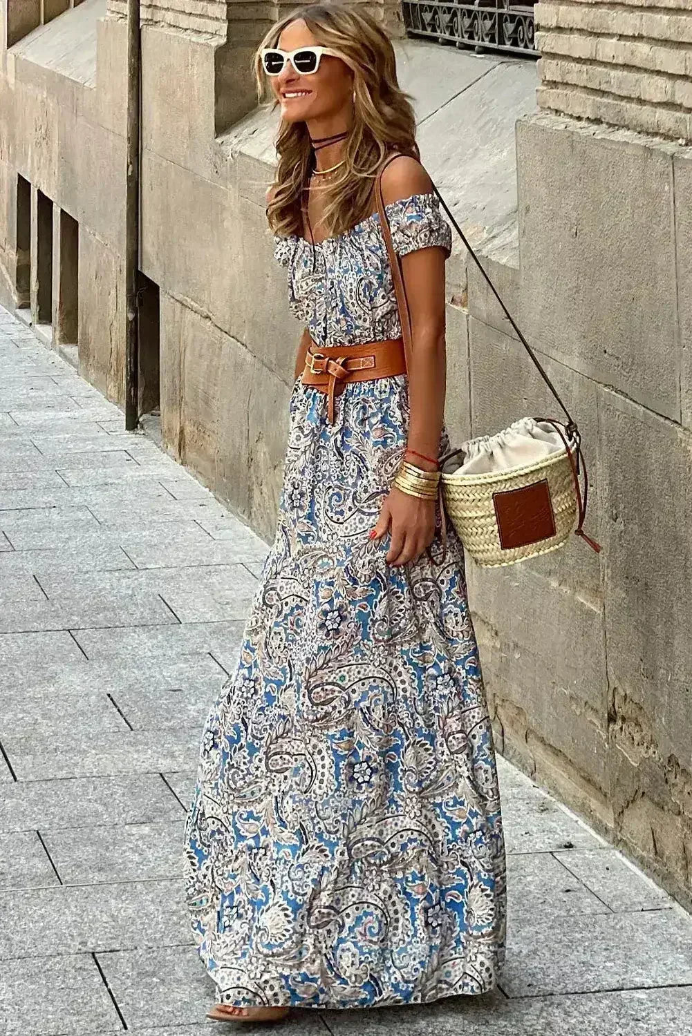 Blue Boho Paisley Print Off Shoulder Maxi Dress - Femstylo