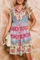 Rose Floral Ethnic Print Ruffle Mini Dress - Femstylo