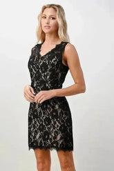 Sleeveless Lace Overlay Dress with Scalloped Edges - Femstylo