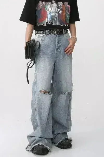 Distressed Raw Hem Wide Leg Men's Jeans - Femstylo