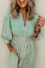 Green Striped V Neck Zip Front Cinched High Waist Midi Dress