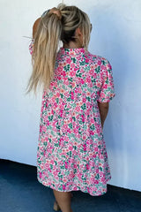 Pink Plus Size Floral Half Button Puff Sleeve A Line Dress - Femstylo