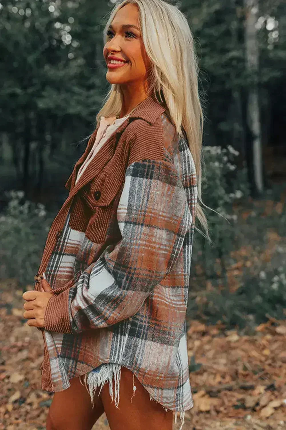 Cinnamon Plaid Corduroy Patchwork Chest Pocket Shacket - Femstylo