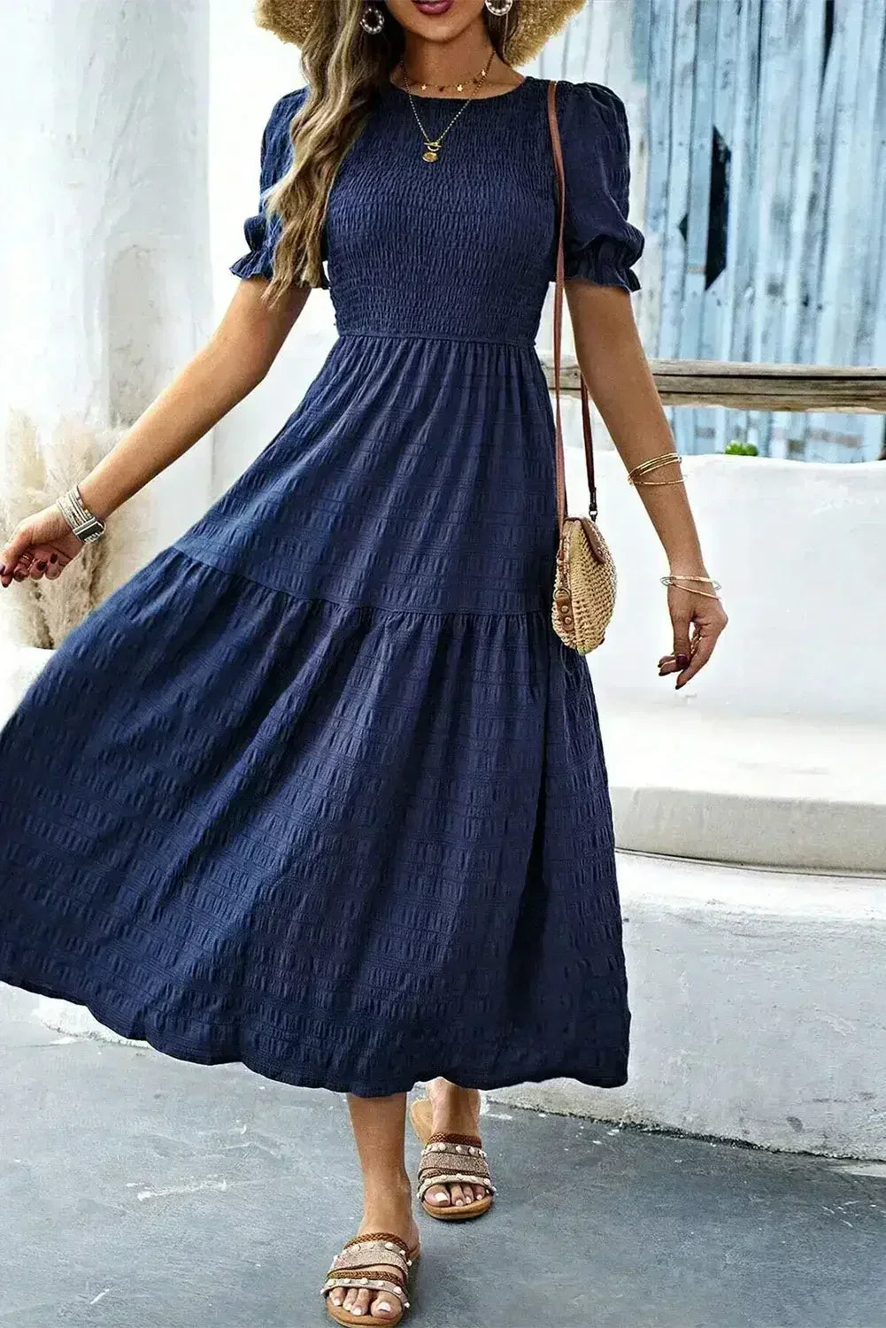 Sail Blue Solid Textured Smocked High Waist Midi Dress - Femstylo