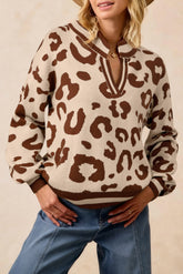Light French Beige Leopard Printed Knit V Neck Sweater