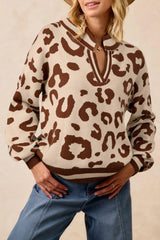 Light French Beige Leopard Printed Knit V Neck Sweater