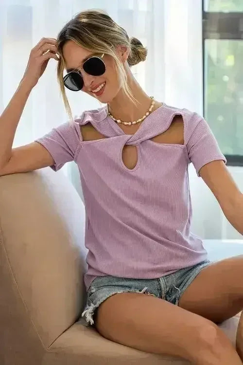 BiBi Rib Knit with Cut Out and Front Twist Detailed Top - Femstylo