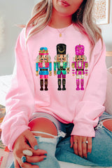 Pink Cute Nutcracker Heat Transfer Printing Graphic Drop Shoulder Christmas Sweatshirt