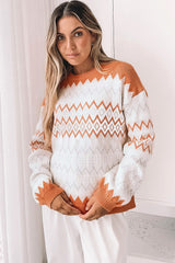 Khaki Zigzag Geometric Pattern Knitted Pullover Sweater - Femstylo