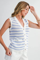 Sky Blue Striped V Neck Button Knit Vest